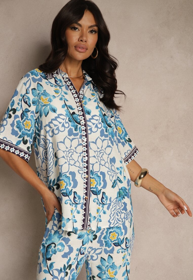 Niebieska Wiskozowa Koszula w Kwiaty Milandena