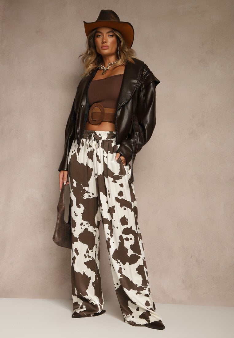 Brązowe Szerokie Spodnie High Waist z Wiskozy w Print w Krowie Łaty Nelianta