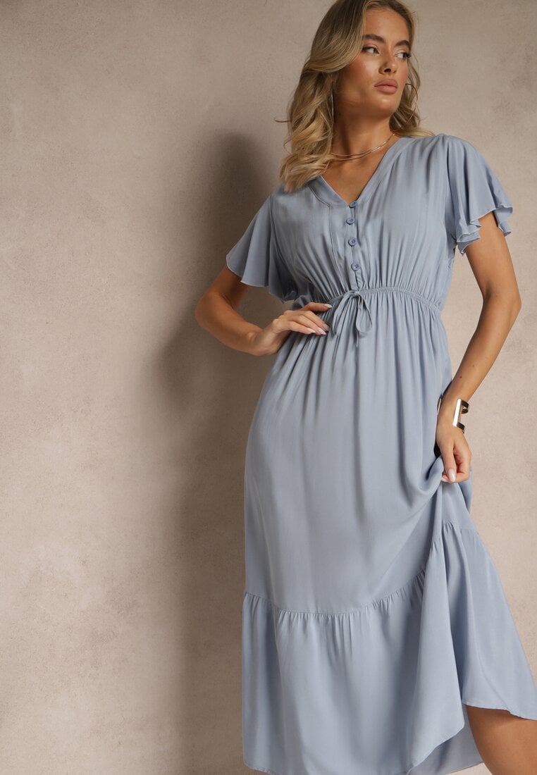 Niebieska Rozkloszowana Sukienka z Bawełny Zdobiona Guzikami Folennea