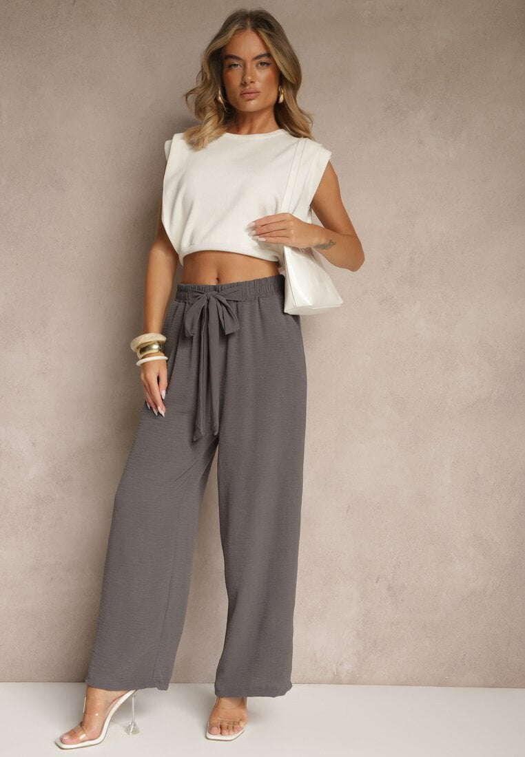 Ciemnoszare Spodnie z Wiskozą o Szerokim Kroju z Wiązanym Paskiem Zileindra