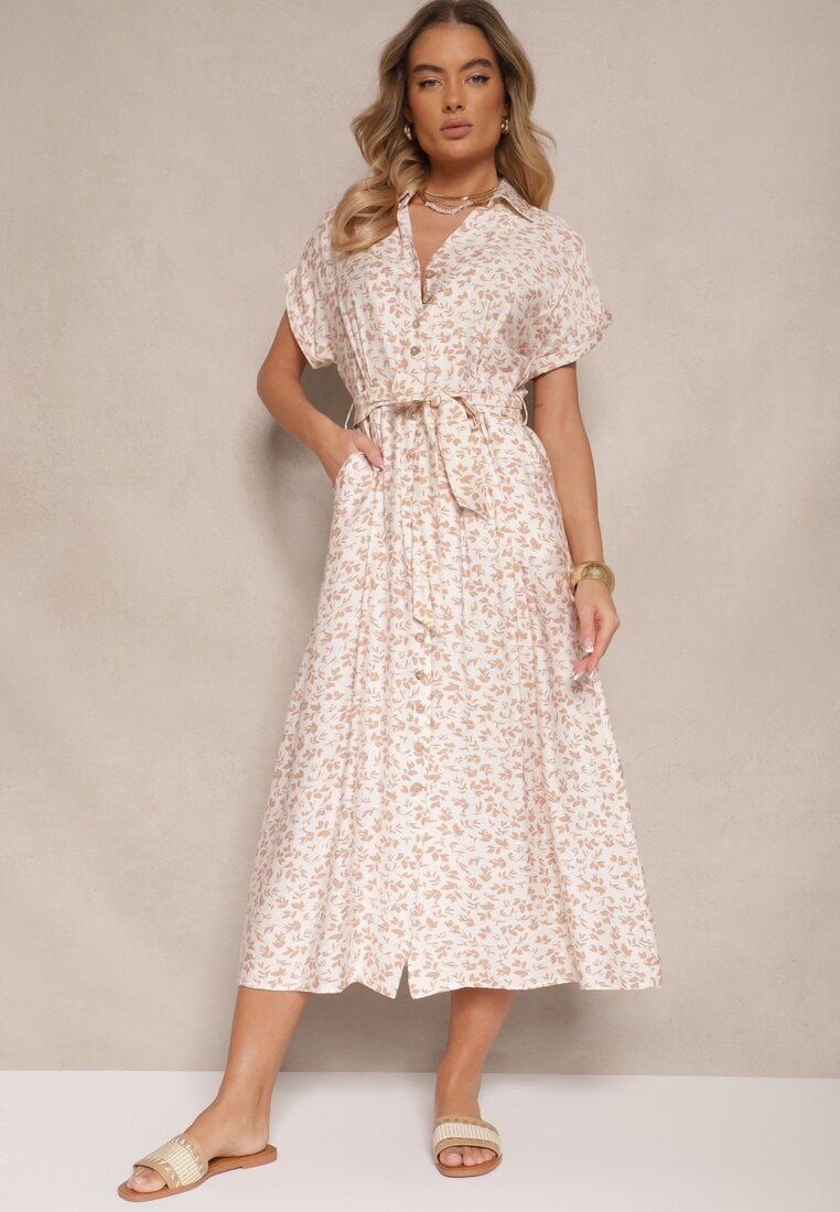 Jasnobeżowa Koszulowa Sukienka z Bawełny w Kwiatowy Print z Wiązanym Paskiem Amoisse