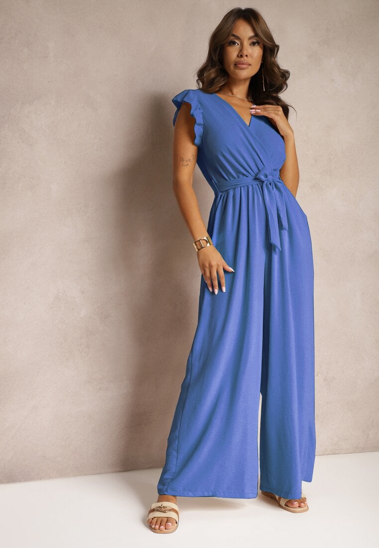 Niebieski Koktajlowy Kombinezon Wiązany Paskiem Wykończony Falbankami przy Ramionach Vimaseni