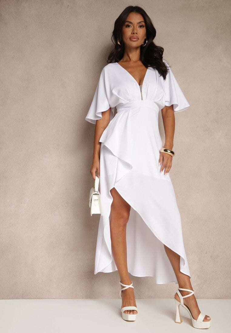 Jasnobeżowa Asymetryczna Sukienka Koktajlowa Vices Ozdobiona Falbanką Nelioraia