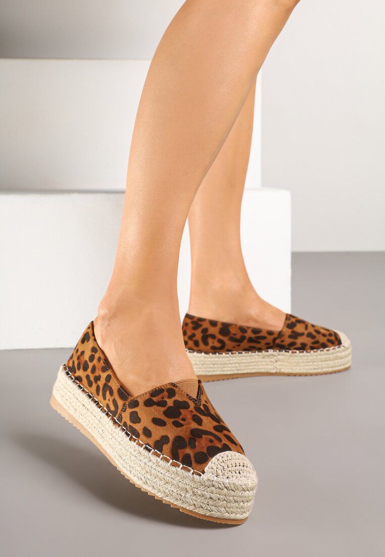 Panterkowe Espadryle z Imitacji Zamszu na Platformie z Jutowej Plecionki Mirrona