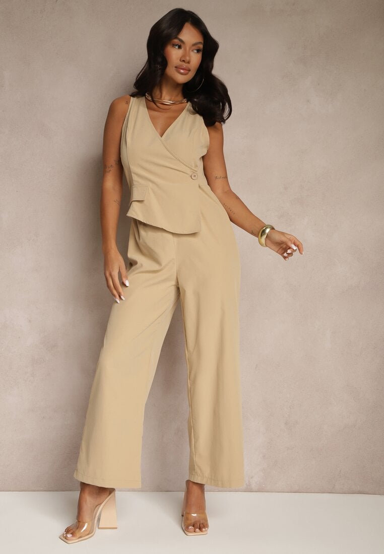 Beżowy Taliowany Kombinezon Elegancki z Dekoltem V Nevianis