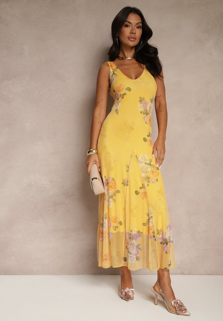 Żółta Sukienka Siateczkowa w Kwiaty Milosea