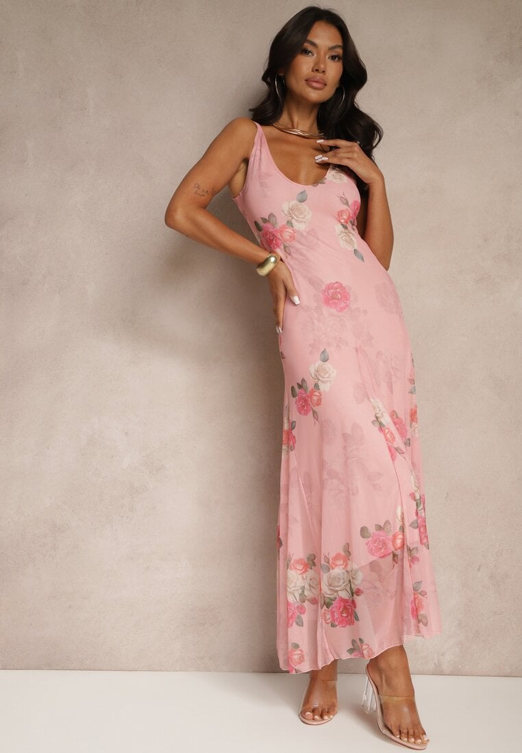Różowa Sukienka Siateczkowa w Kwiaty Milosea