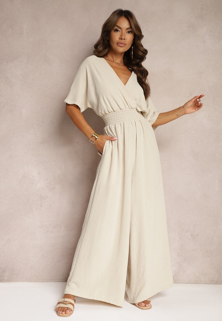 Beżowy Taliowany Kombinezon z Zakładkowym Dekoltem i Gumką w Pasie Vimalynna