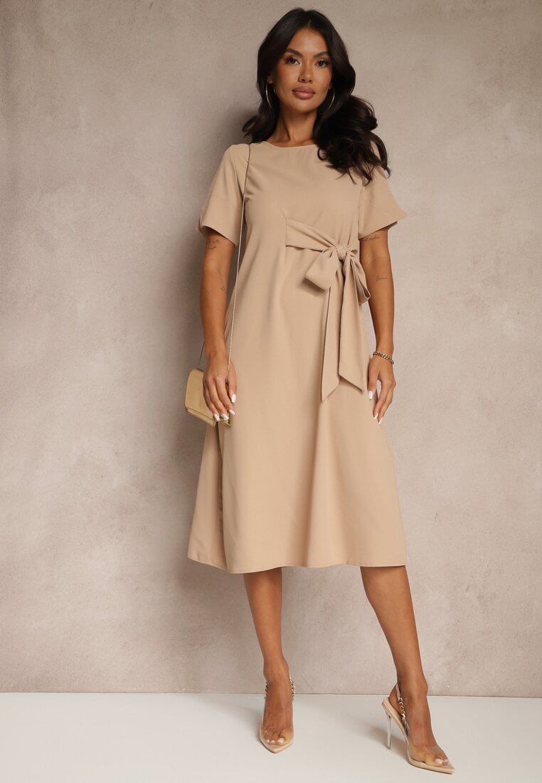 Beżowa Rozkloszowana Sukienka Vices Zdobiona Wiązaniem Folarenne