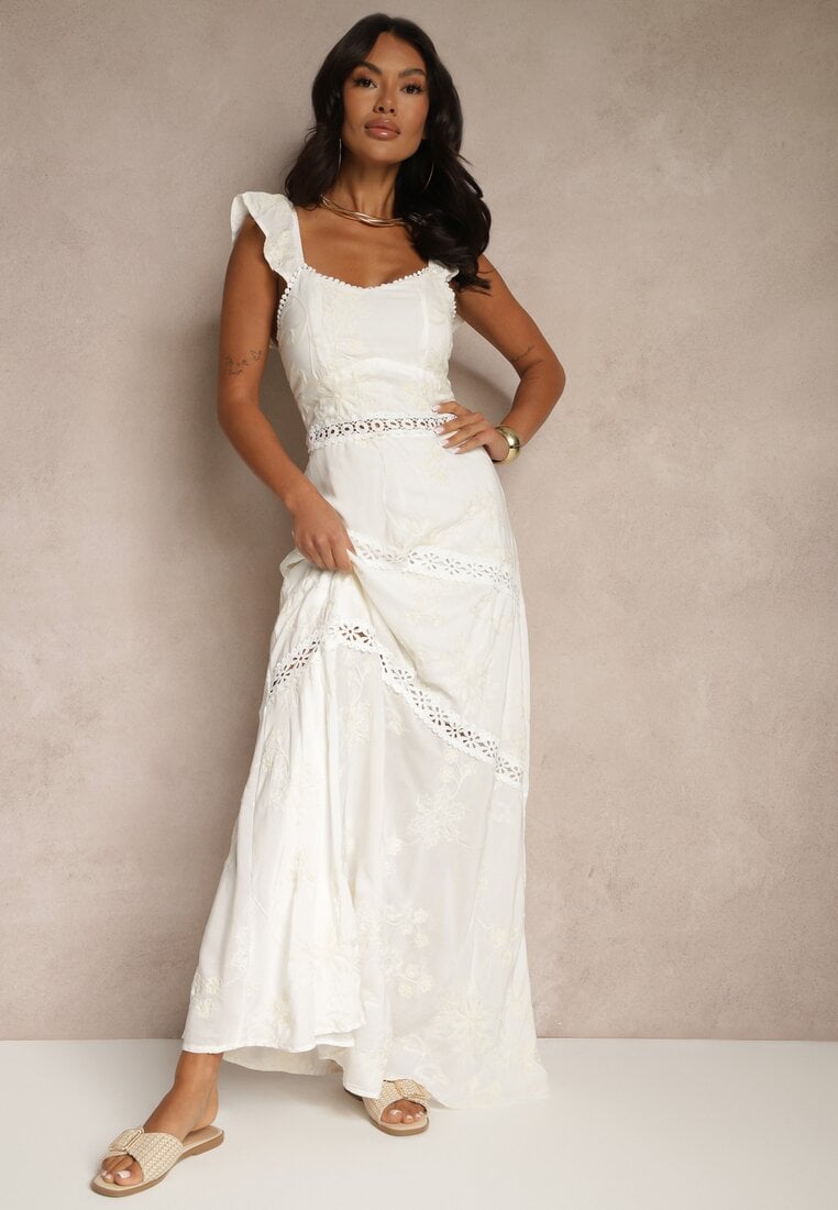 Biała Rozkloszowana Sukienka z Wiskozy z Haftami Lumirieve