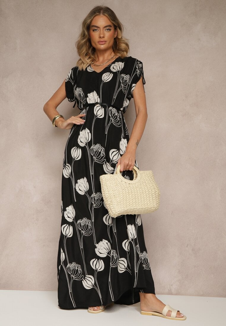 Czarna Sukienka z Wiskozy Ozdobiona Haftami Lumamire