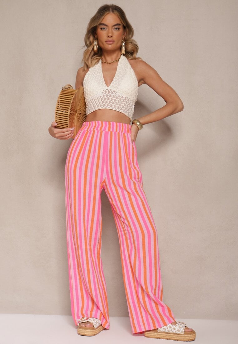 Pomarańczowe Bawełniane Muślinowe Spodnie Szerokie High Waist w Paski Mavirise