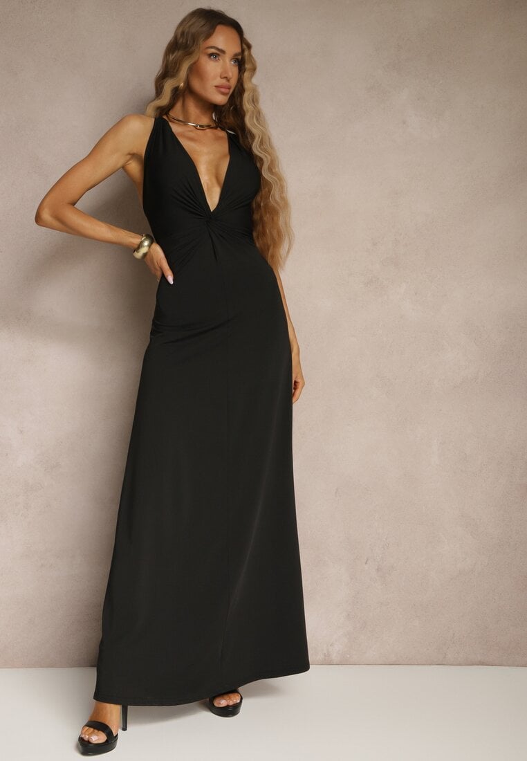 Czarna Marszczona Sukienka z Wiskozą o Rozkloszowanym Fasonie Bez Rękawów Folonea