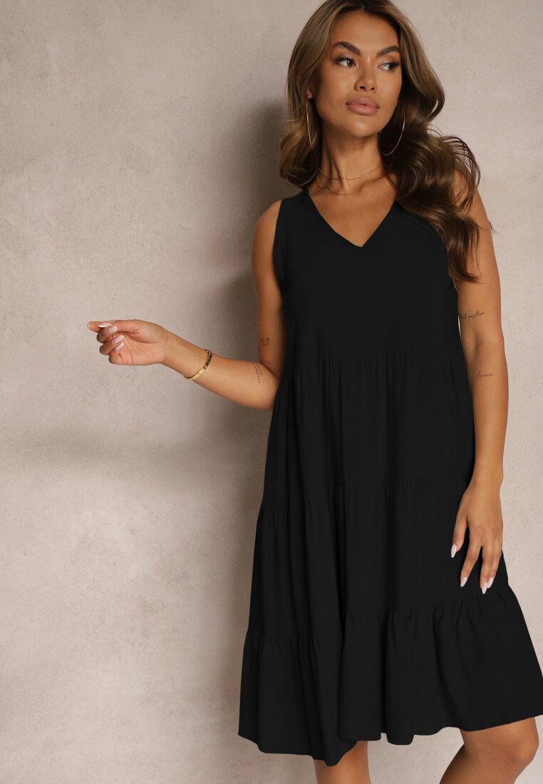 Czarna Bawełniana Sukienka o Rozkloszowanym Kroju Bez Rękawów Gladea