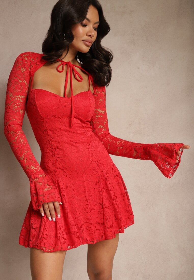 Czerwona Koktajlowa Koronkowa Sukienka o Rozkloszowanym Kroju Nelfedi