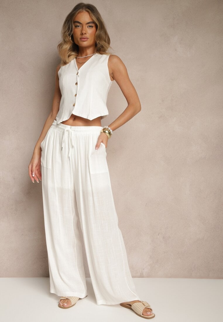 Białe Szerokie Spodnie z Bawełną na Gumce z Kieszeniami Efridessa