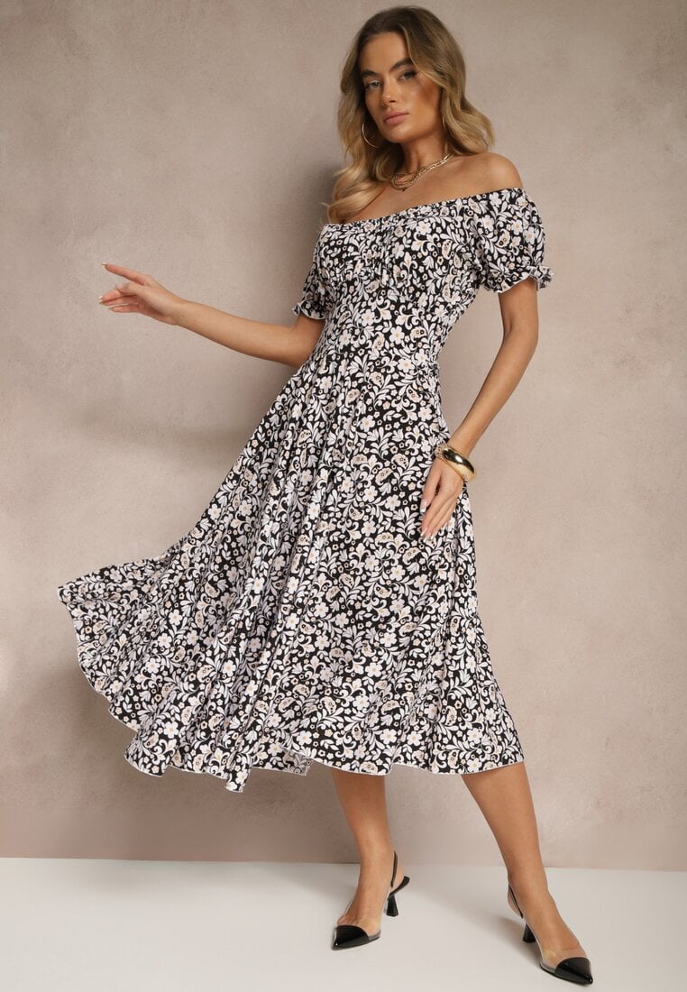Czarna Rozkloszowana Sukienka w Kwiatowy Print z Bawełną i Dekoltem Łódką z Bufkami Saniren