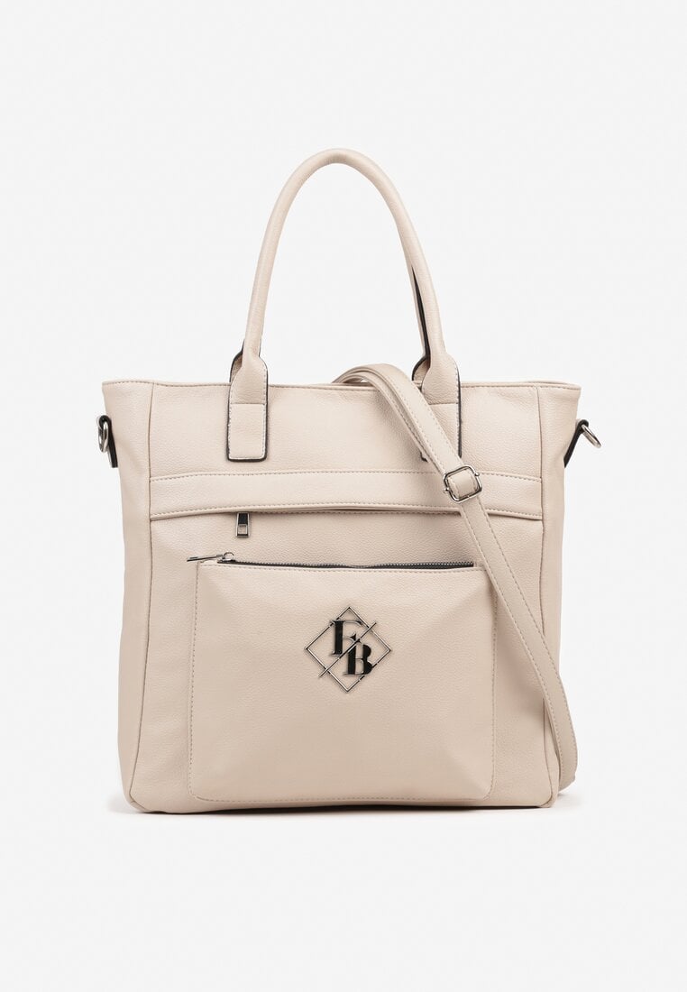 Ciemnobeżowa Torebka Typu Shopper z Paskiem Crossbody Zdobiona Aplikacją Idaniela