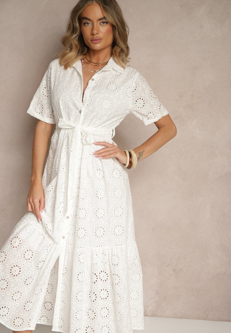 Biała Koszulowa Sukienka z Bawełny z Wiązanym Paskiem i Haftowanymi Zdobieniami Efronelle