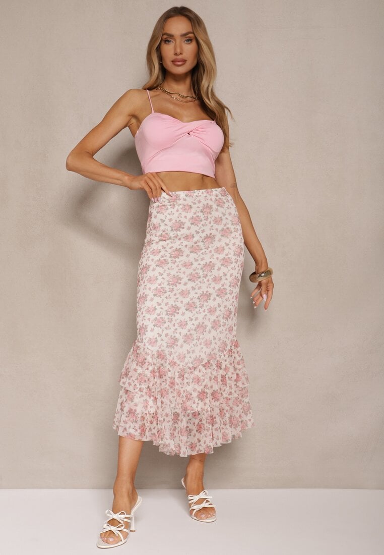 Biało-Różowa Dopasowana Spódnica z Ozdobną Falbaną Efravaria