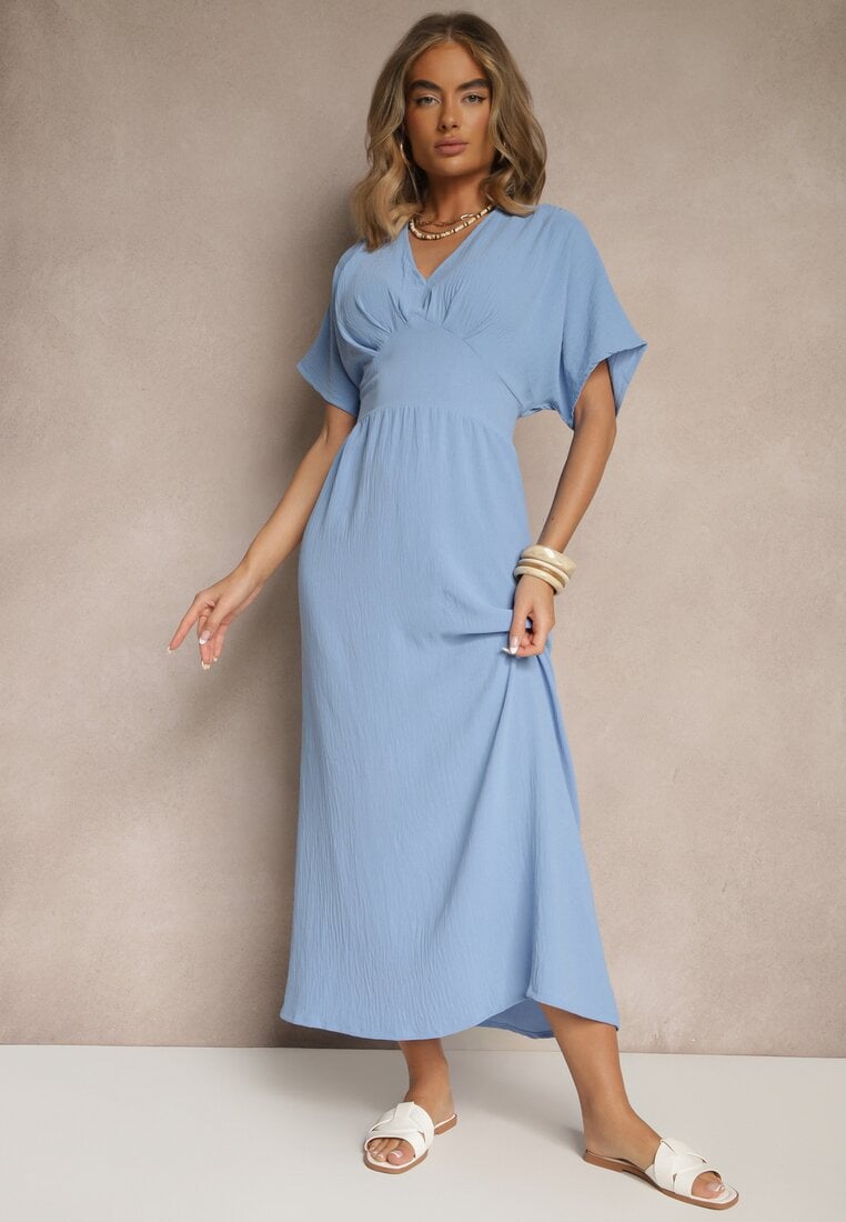 Niebieska Sukienka z Bawełną i Marszczoną Górą Filaviela