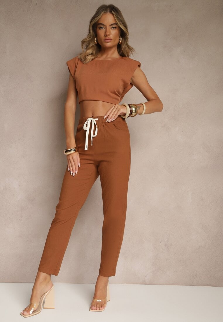 Brązowe Spodnie z Bawełny z Ozdobnym Wiązaniem Siltebia