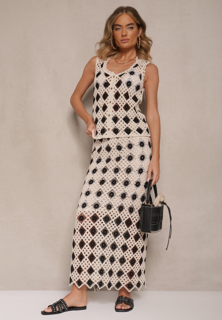 Czarna Ołówkowa Spódnica z Szydełkowej Tkaniny z Gumką w Talii Banamira