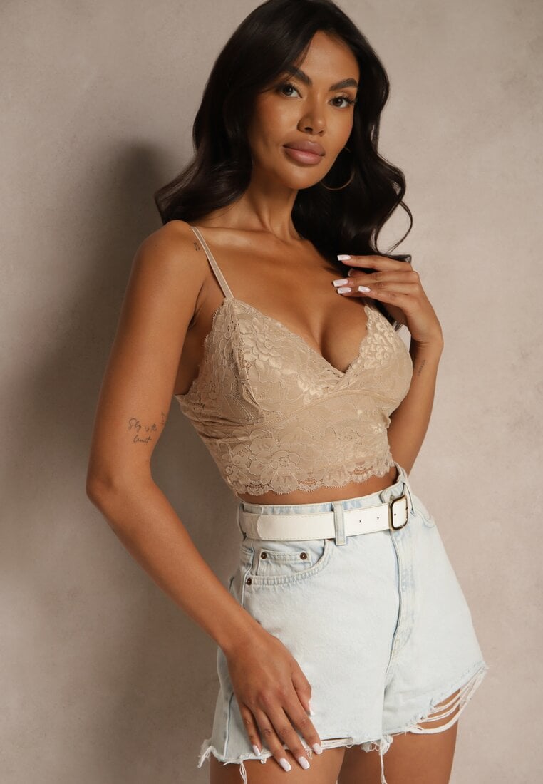 Beżowy Dopasowany Top z Koronki na Ramiączkach Pasirelia