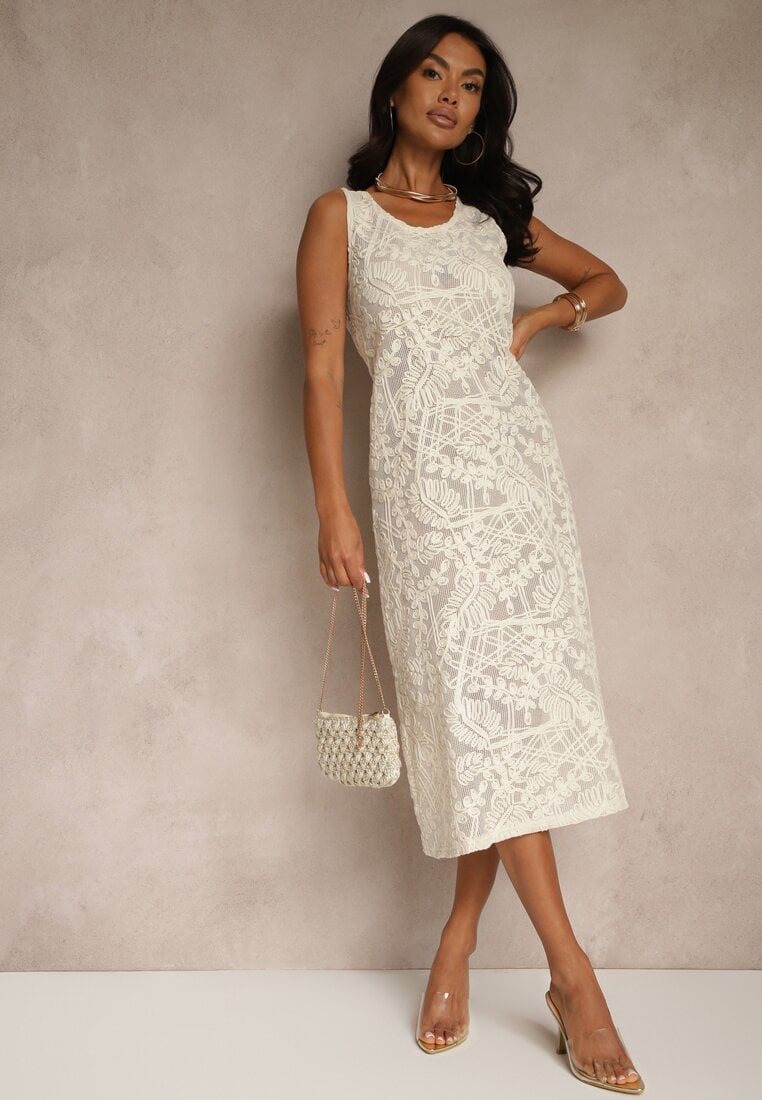 Beżowa Bawełniana Sukienka w Stylu Boho z Szydełkowymi Zdobieniami Baniella