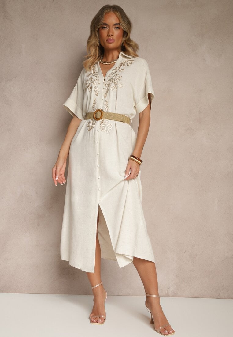 Beżowa Koszulowa Sukienka z Lnu i Wiskozy z Haftem i Plecionym Paskiem Atelessa