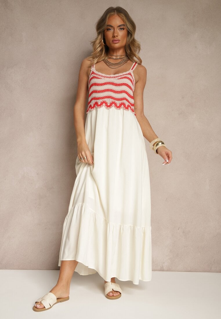 Beżowa Wiskozowa Sukienka z Haftami na Ramiączkach o Rozkloszowanym Kroju Efralisse