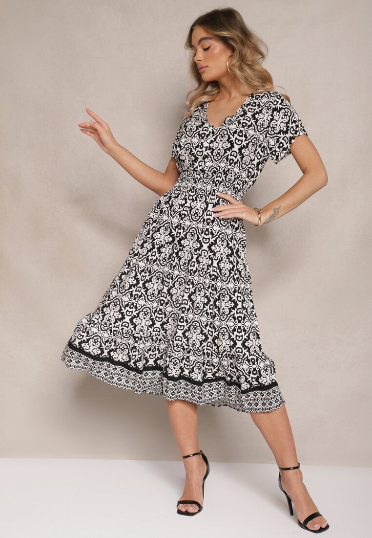 Biało-Czarna Rozkloszowana Sukienka z Bawełny w Print Paisley Lanarisa