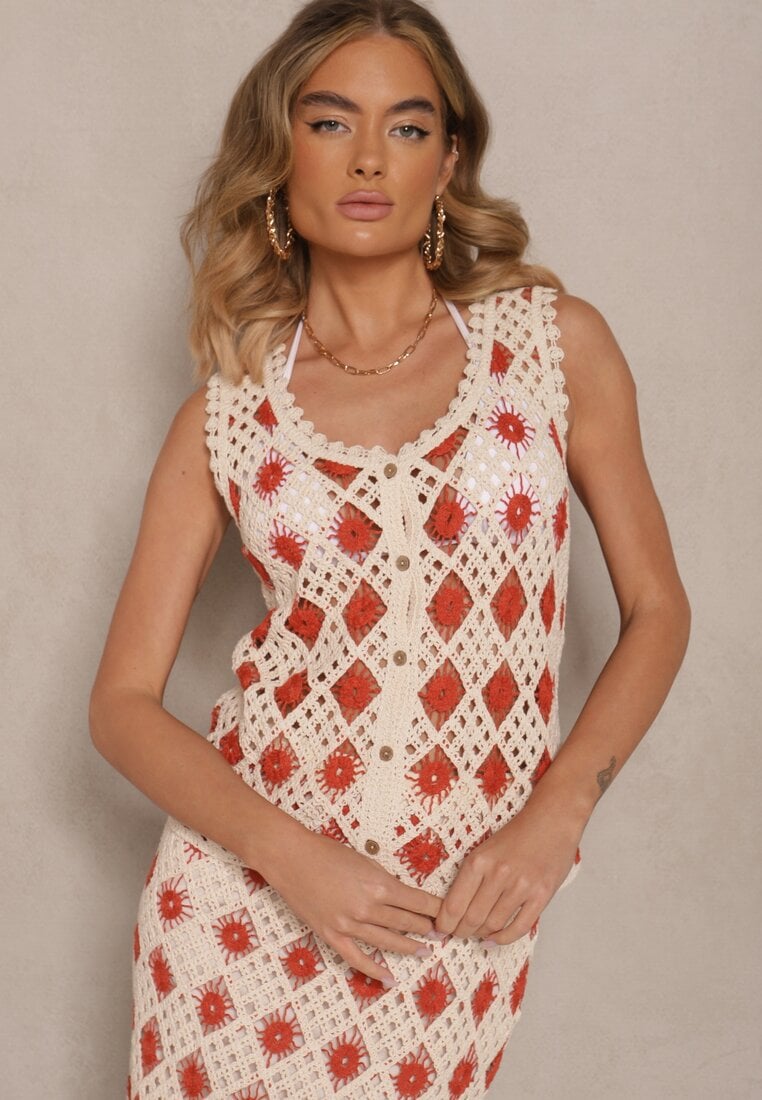 Czerwono-Beżowa Szydełkowa Kamizelka z Dekoltem w Kształcie Litery V Banavia