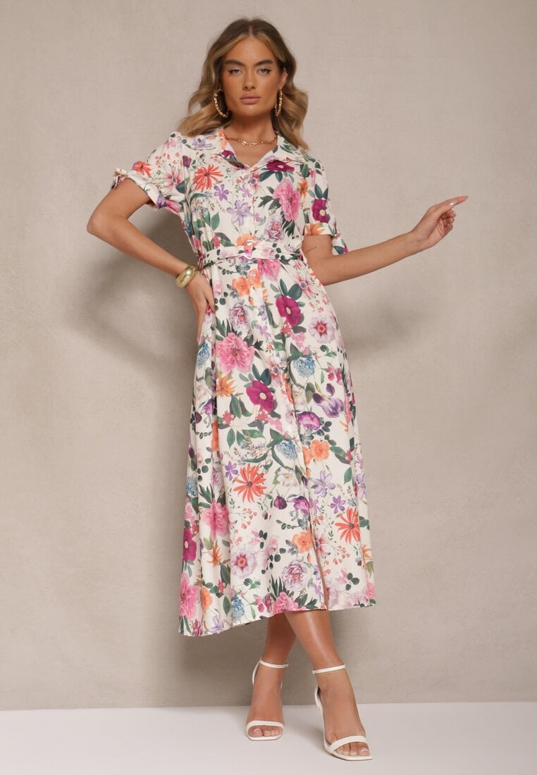 Jasnobeżowa Koszulowa Sukienka w Kwiaty o Rozkloszowanym Fasonie z Paskiem Fevalirra