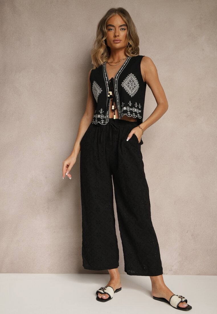 Czarne Spodnie High Waist z Bawełnianej Tkaniny Zdobionej Haftem Mevirona