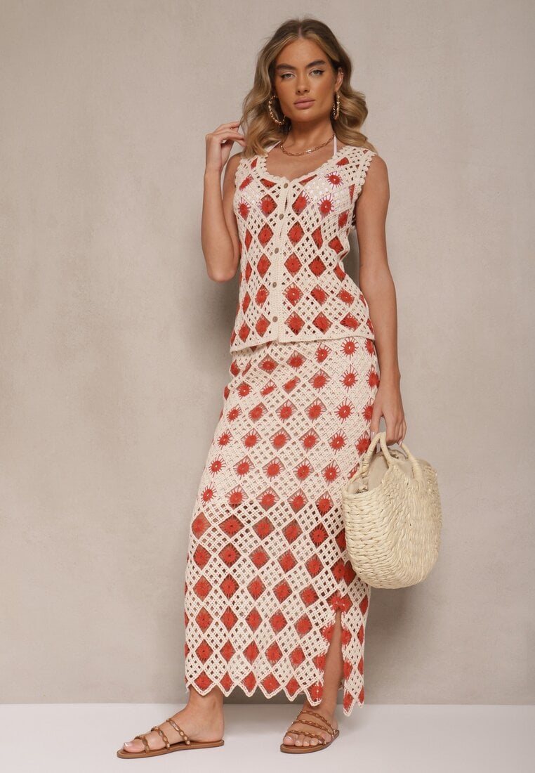 Czerwona Ołówkowa Spódnica z Szydełkowej Tkaniny z Gumką w Talii Banamira