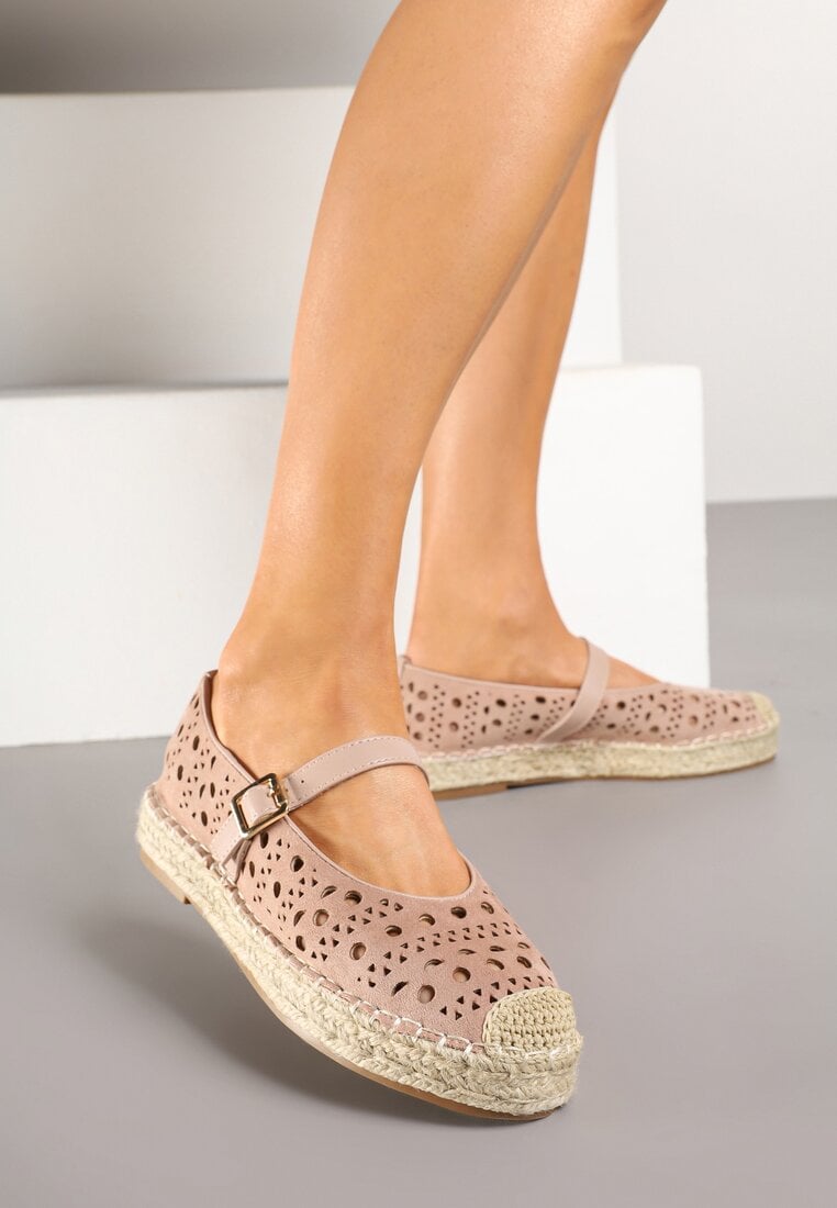 Różowe Płaskie Espadryle z Plecionką i Ażurową Cholewką Aralithra