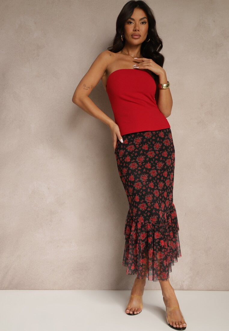 Czarno-Czerwona Dopasowana Spódnica z Ozdobną Falbaną Efravaria
