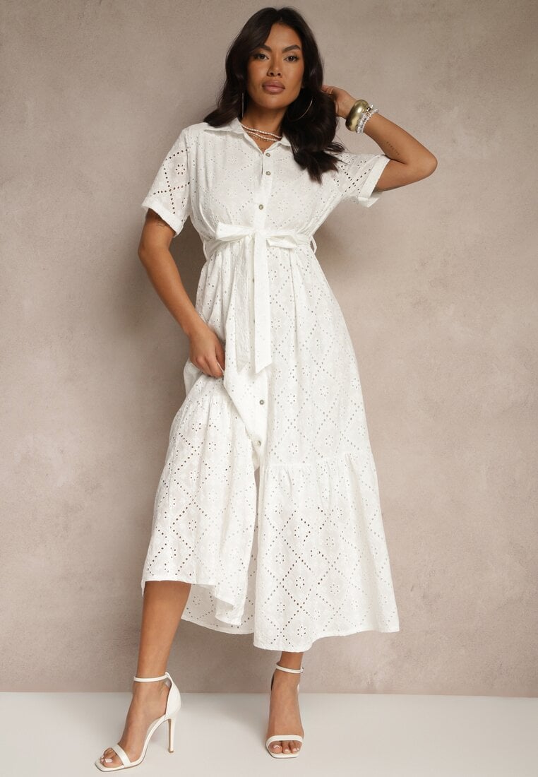 Biała Koszulowa Sukienka z Wiązanym Paskiem z Bawełnianej Tkaniny z Haftem Efrilea