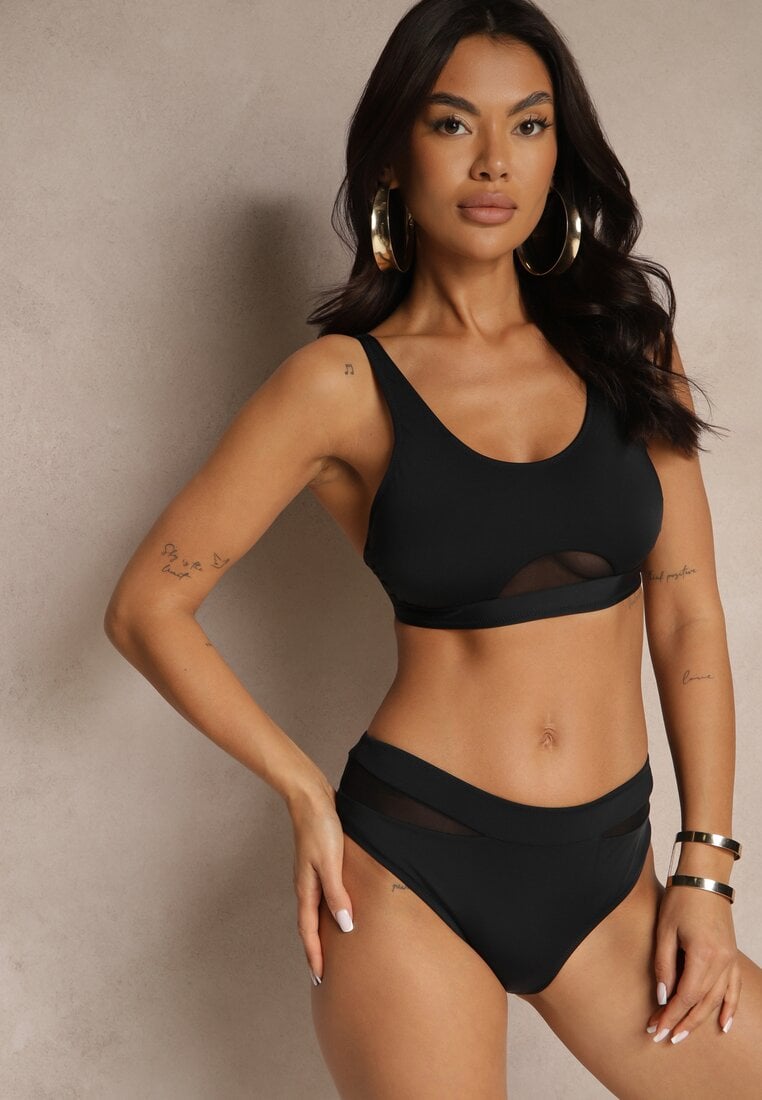 Czarne Bikini Biustonosz i Majtki Typu Figi Zdobione Siateczką Natelina