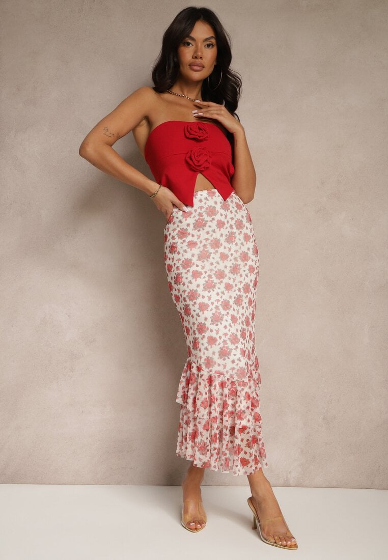 Biało-Czerwona Dopasowana Spódnica z Ozdobną Falbaną Efravaria