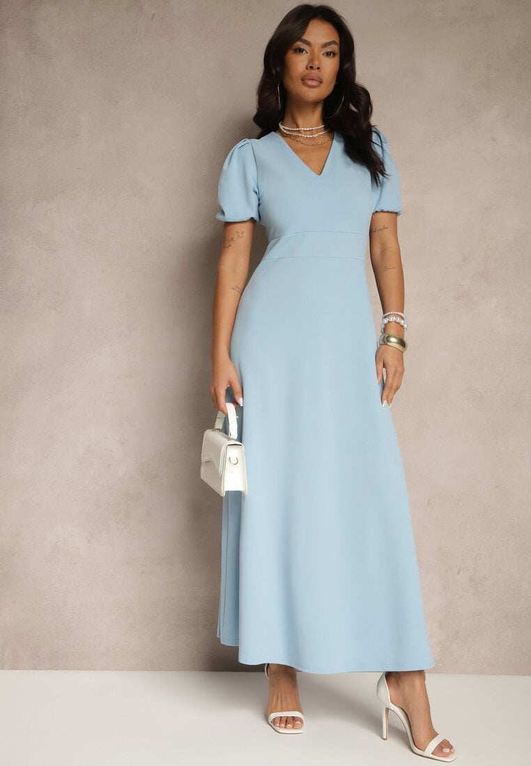 Niebieska Rozkloszowana Sukienka z Lekko Bufiastymi Rękawami i Dekoltem V Efrusae