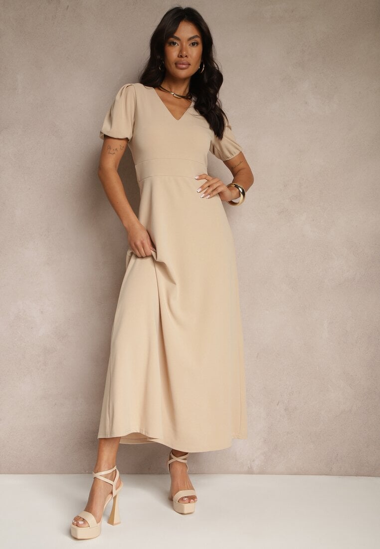 Jasnobeżowa Rozkloszowana Sukienka z Lekko Bufiastymi Rękawami i Dekoltem V Efrusae