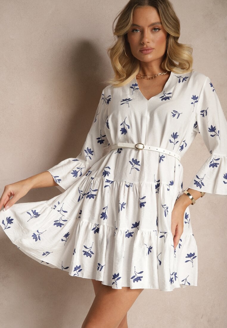 Biała Rozkloszowana Sukienka z Wiskozą Zdobiona Haftem i Falbanami Aliorra