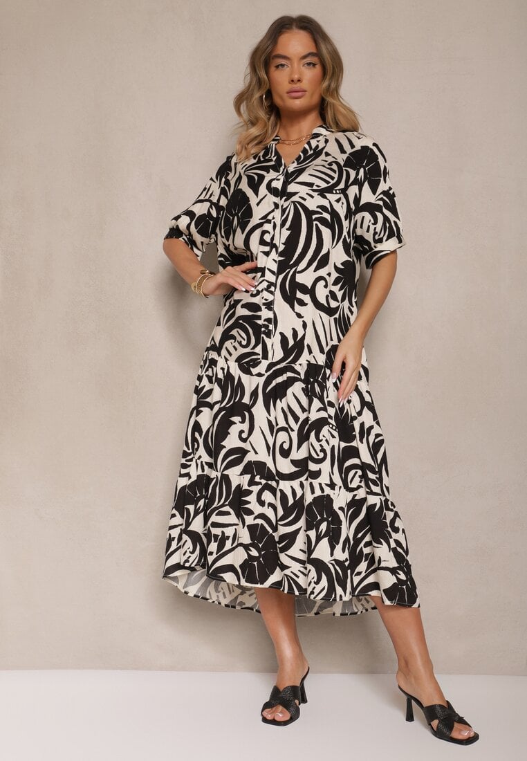 Czarna Rozkloszowana Sukienka z Wiskozy Ozdobiona Falbaną Filesenia