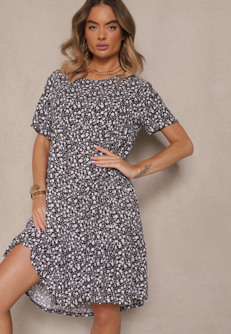 Czarna Rozkloszowana Sukienka z Bawełną w Kwiaty Mevazia