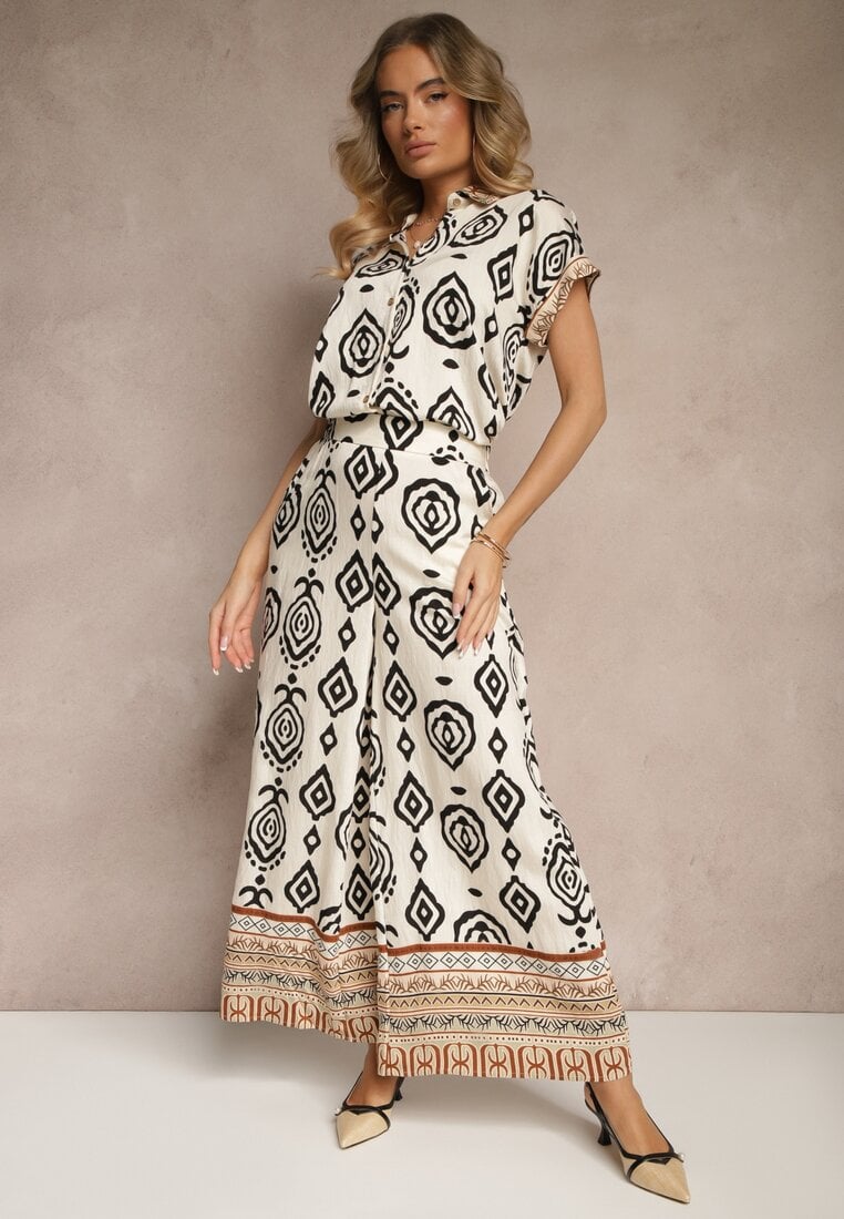 Beżowo-Czarne Spodnie z Wiskozą o Szerokim Kroju z Geometryczny Wzór Zoledia