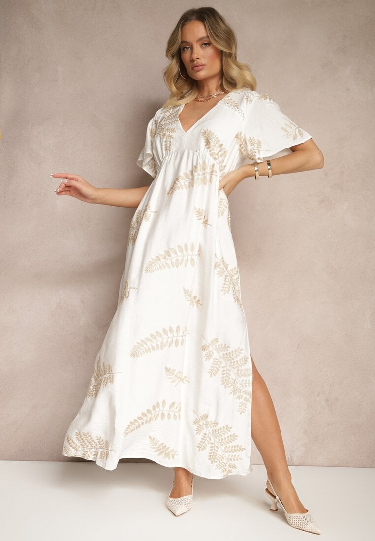 Biała Rozkloszowana Sukienka z Wiskozy Ozdobiona Haftowanymi Liśćmi Tirvesa