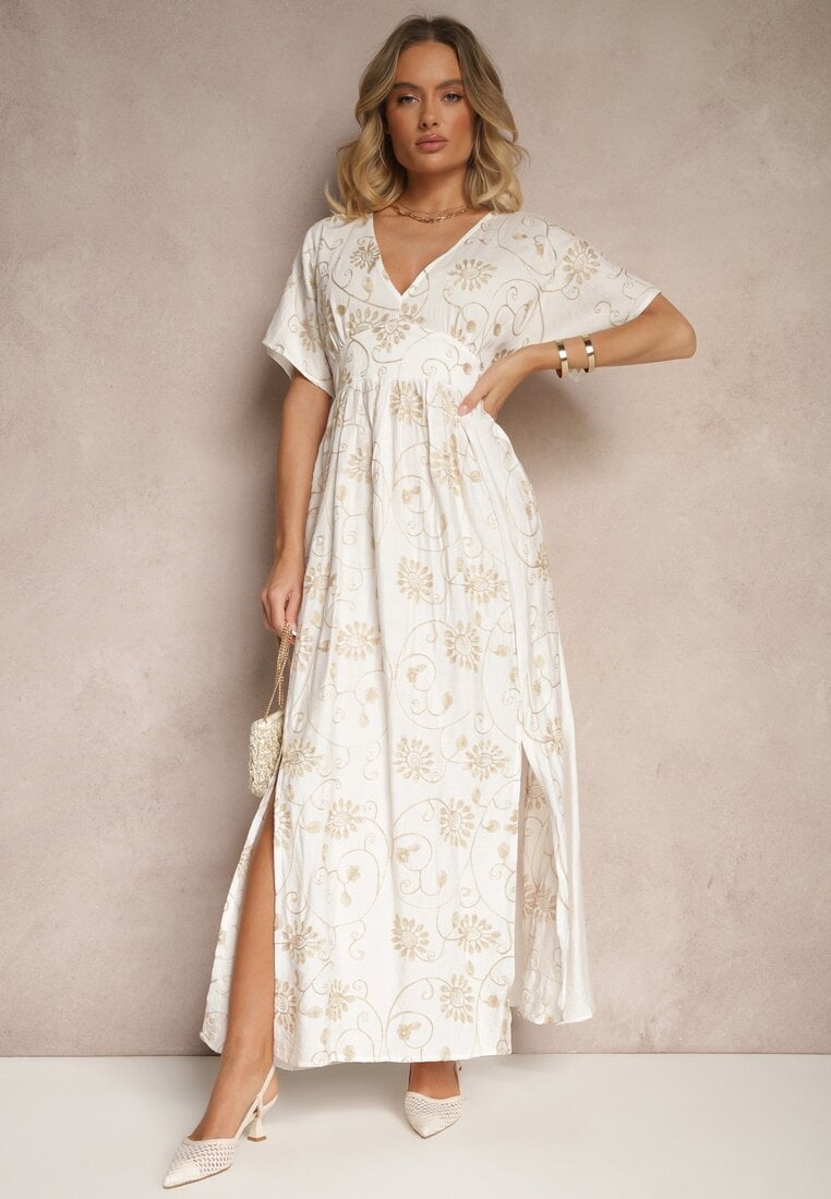Biała Sukienka z Wiskozy Ozdobiona Haftem i Metaliczną Nicią Ivelvesa