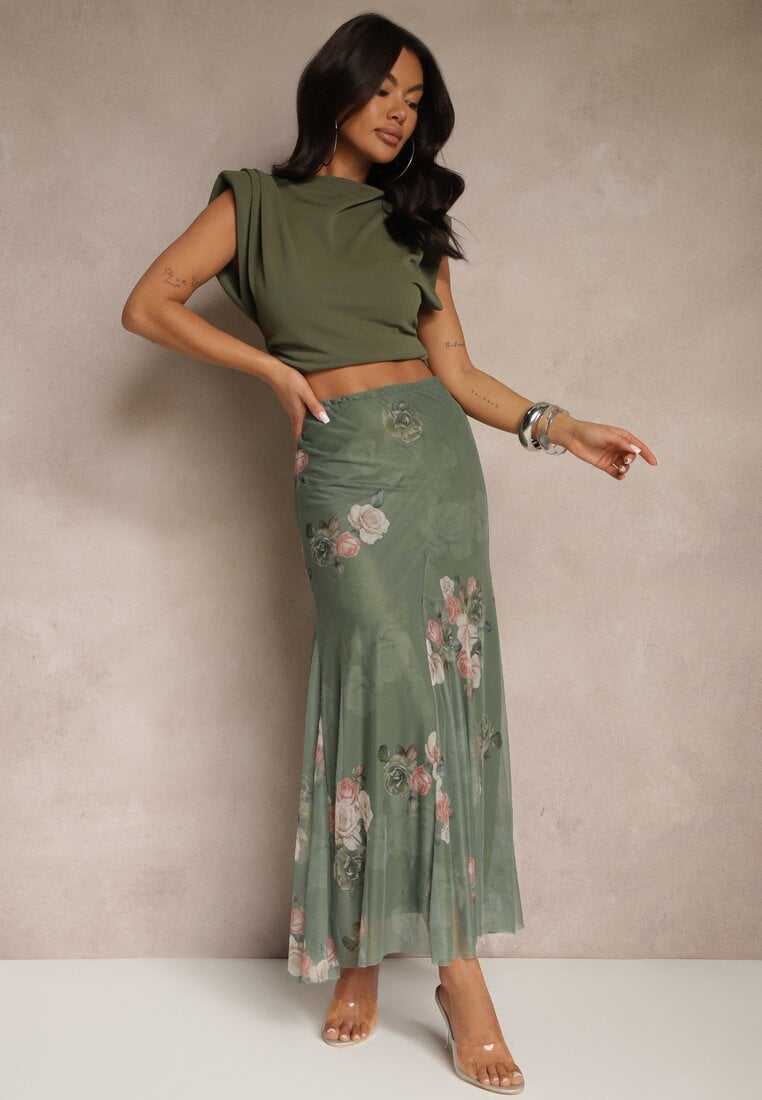 Ciemnozielona Spódnica w Kwiatowy Wzór o Rozkloszowanym Kroju Efrirene